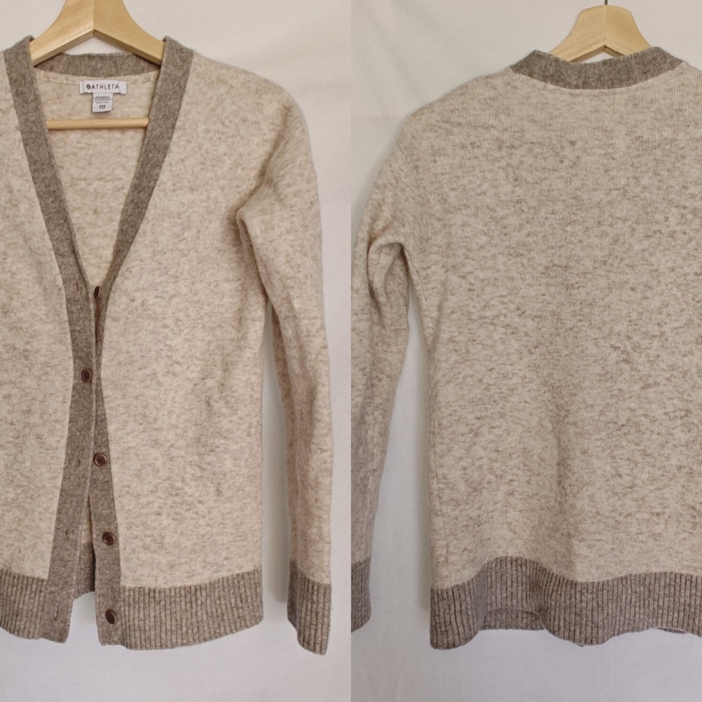 ATHLETA Westlake Cardigan Sweater Toasted Brown Heather Cream Wool 982864 XXS